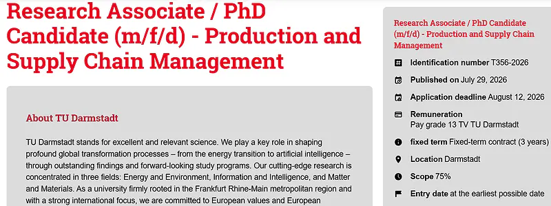 TU Darmstadt Research Associate/PhD Position in Production and Supply Chain Management