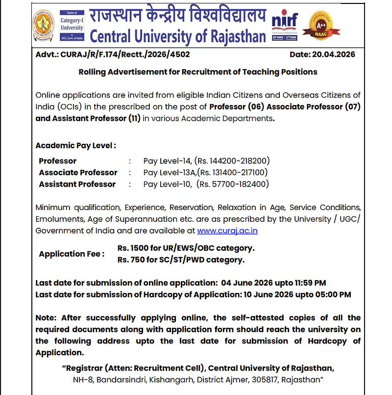 Faculty Recruitment 2026 at Central University of Rajasthan