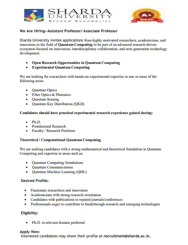 Sharda University Invites Applications for Assistant Professor & Associate Professor Positions in Quantum Computing