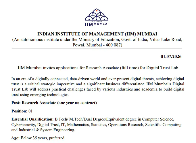 IIM Mumbai Recruitment 2026 | Research Associate