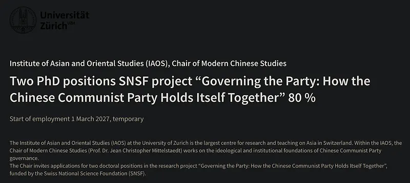 PhD Opportunities: Two Doctoral Positions in Modern Chinese Studies – University of Zurich
