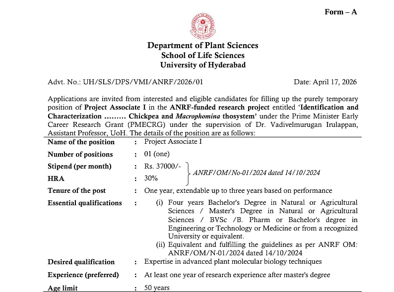 Research Vacancies 2026: University of Hyderabad (UoH)
