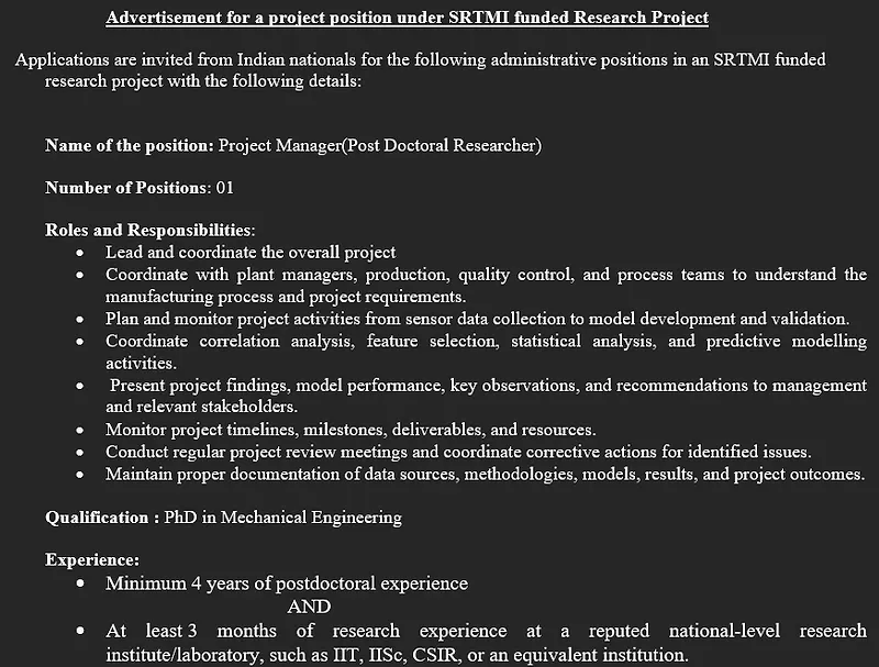 Project Manager (Post Doctoral Researcher) Recruitment 2026 – SRTMI Funded Research Project