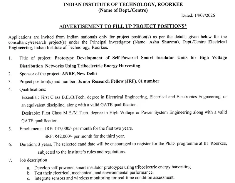IIT Roorkee JRF Recruitment 2026 | ANRF-Funded Research Project in Electrical Engineering