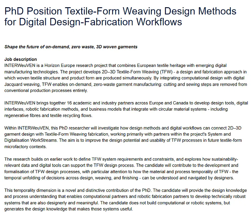 PhD Opportunity 2026 | Textile-Form Weaving Design Methods for Digital Design-Fabrication Workflows at TU Delft