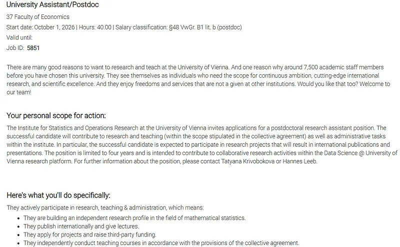 University of Vienna Postdoctoral Position in Mathematical Statistics