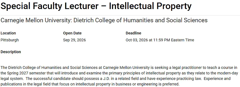 Special Faculty Lecturer – Intellectual Property – Carnegie Mellon University