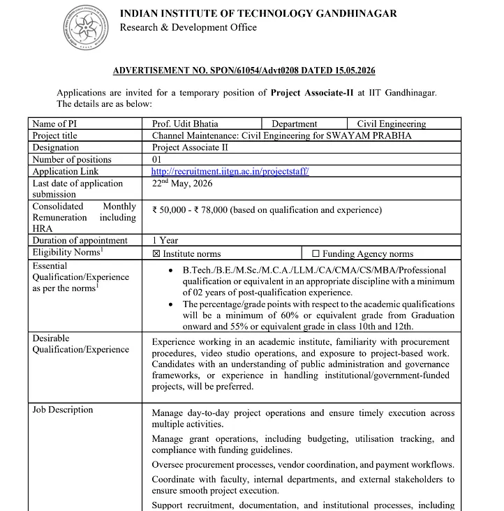 IIT Gandhinagar Recruitment 2026: Project Associate-II Opening in Civil Engineering