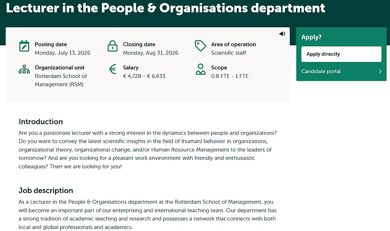 Erasmus University Rotterdam Lecturer Recruitment 2026: People & Organisations