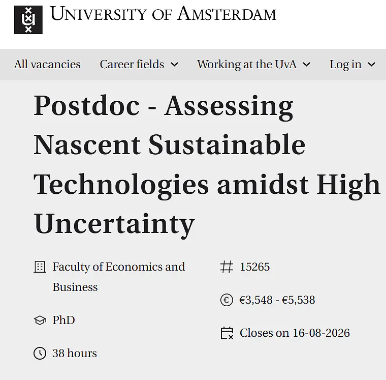 University of Amsterdam Invites Applications for Postdoctoral Position on Sustainable Technology Assessment