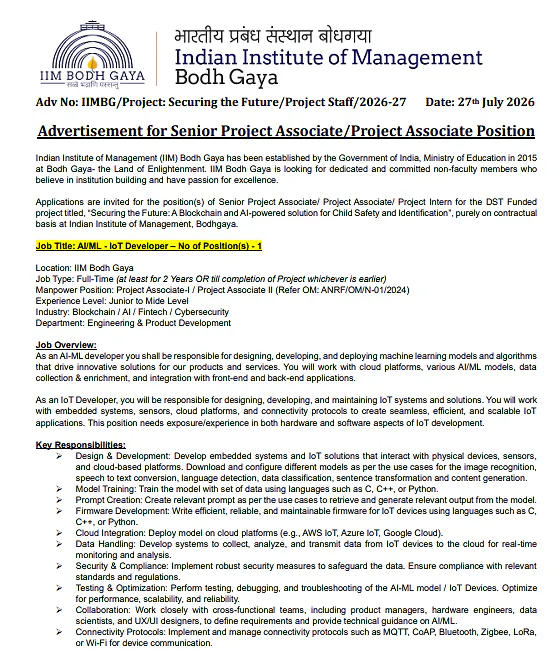 IIM Bodh Gaya Project Staff Recruitment 2026