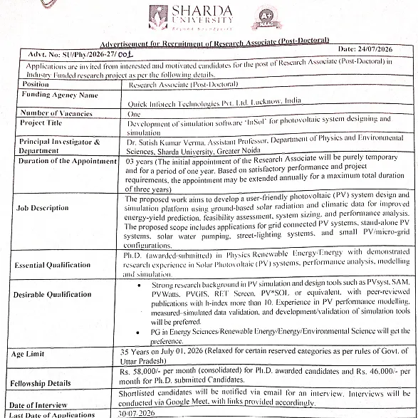 Sharda University Postdoctoral Research Associate Recruitment 2026