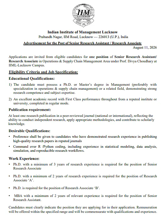 IIM Lucknow Recruitment 2026: Senior Research Assistant / Research Associate