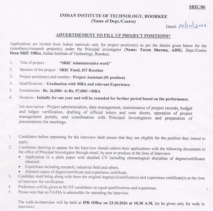 Project Assistant Recruitment 2026 at IIT Roorkee – Walk-in Interview