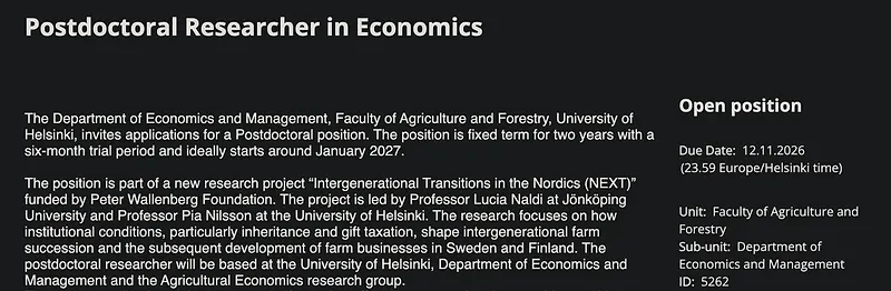 Postdoctoral Research Opportunity: Postdoctoral Researcher in Economics – University of Helsinki