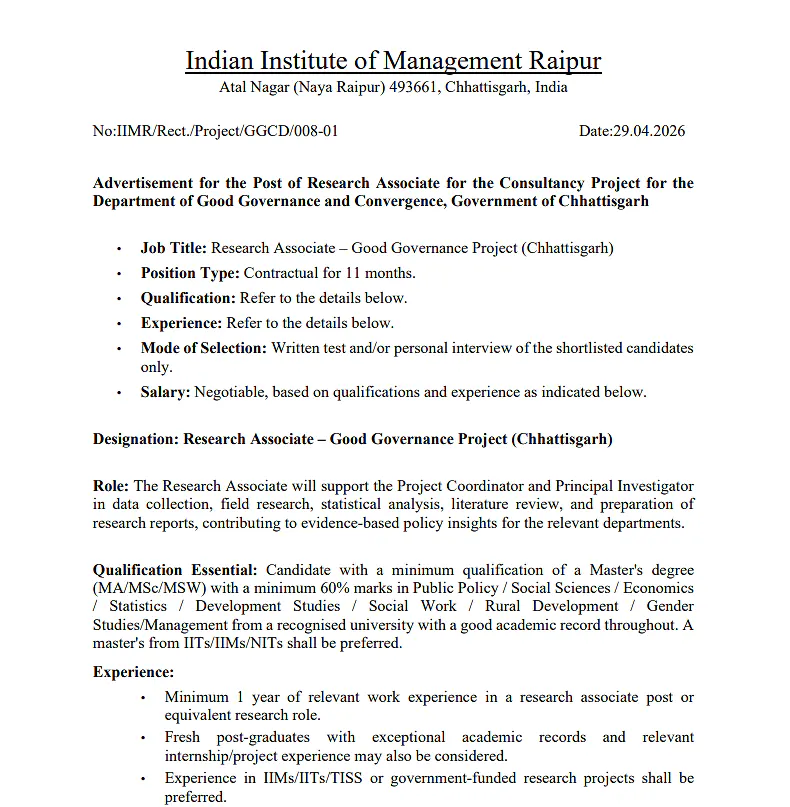 Research Associate Recruitment 2026 – IIM Raipur