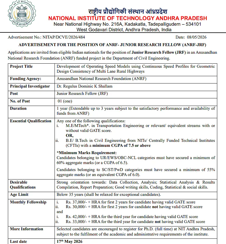 Junior Research Fellow (JRF) at NIT Andhra Pradesh