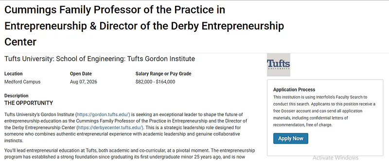 Cummings Family Professor of the Practice in Entrepreneurship & Director of the Derby Entrepreneurship Center – Tufts University