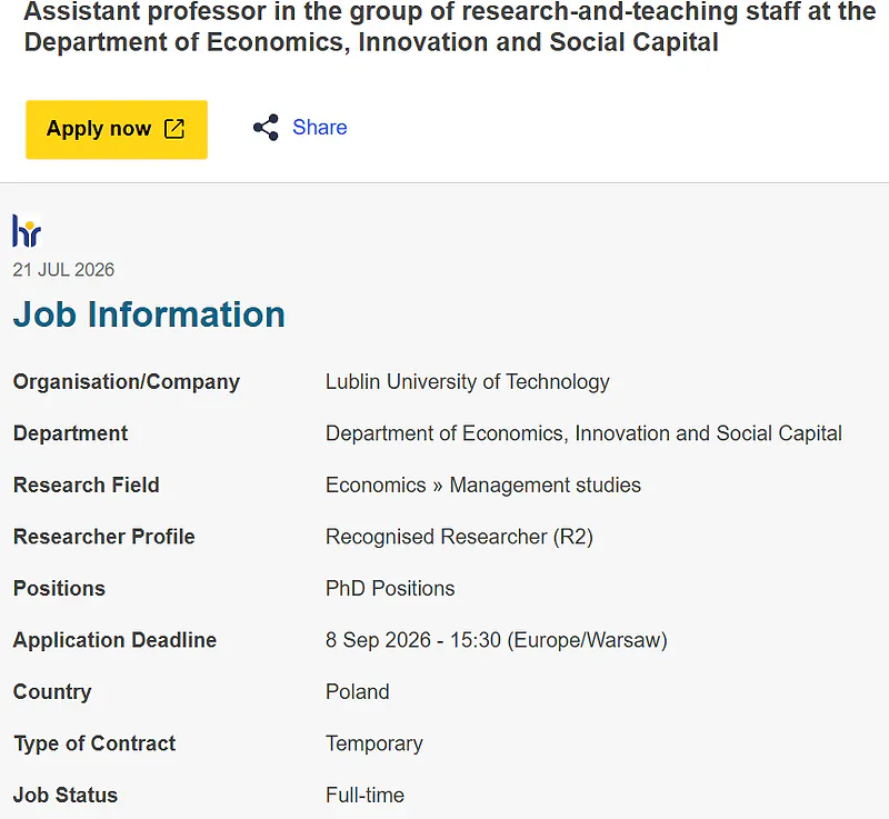 Lublin University of Technology Assistant Professor Recruitment 2026