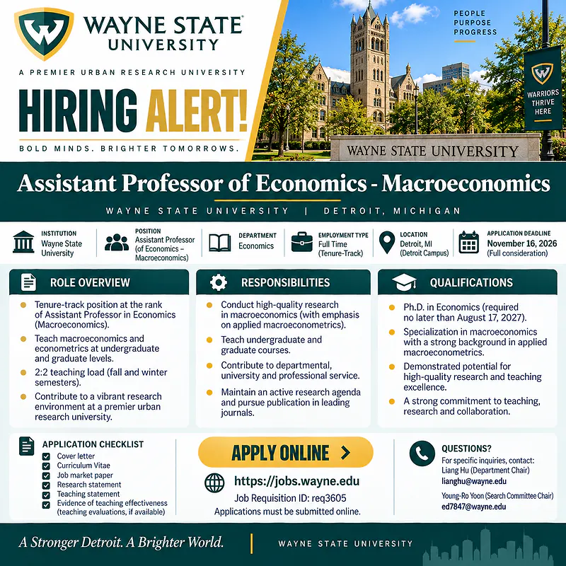 Assistant Professor of Economics – Macroeconomics – Wayne State University