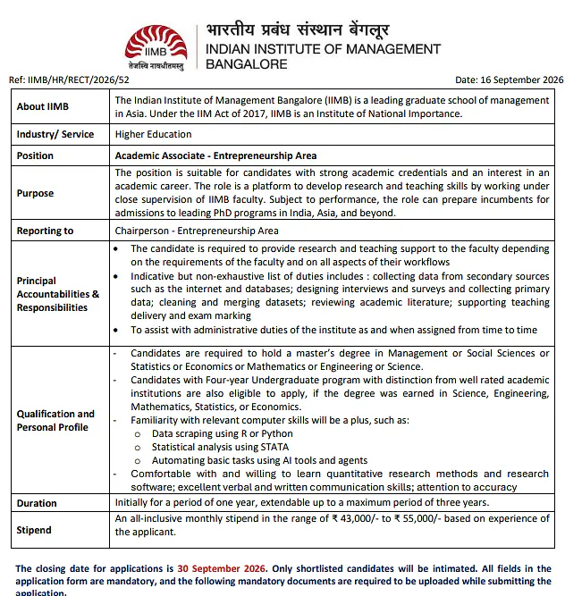 Academic Associate Recruitment 2026 at IIM Bangalore – Entrepreneurship Area