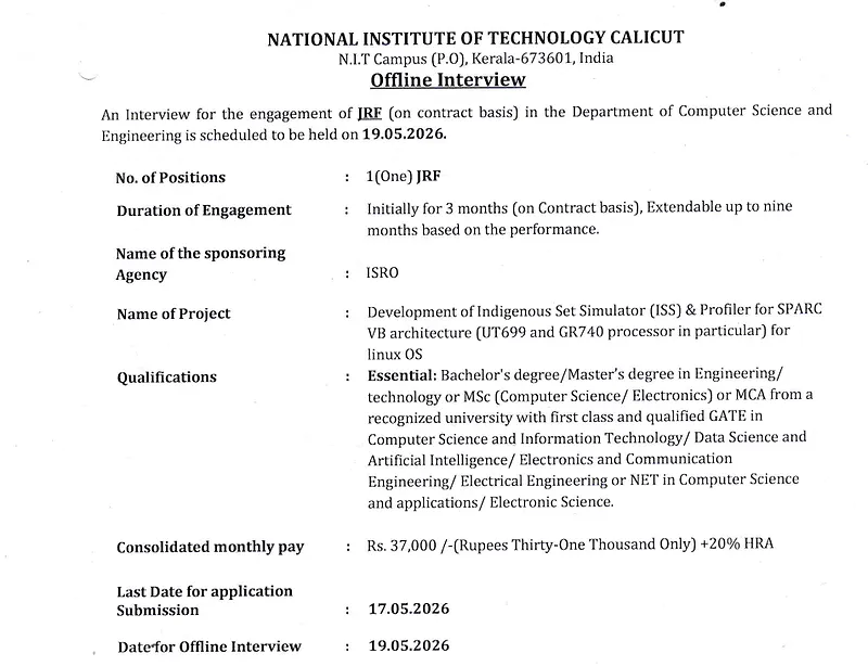  NIT Calicut Recruitment 2026  : Offline Interview for JRF Position Under ISRO Sponsored Project