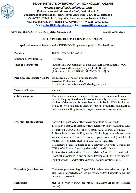 IIIT Kalyani Recruitment 2026 | Junior Research Fellow (JRF) Positions under TTDF/TCoE Project