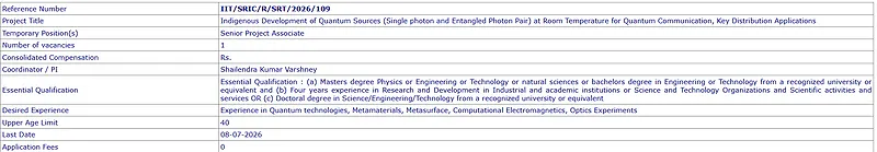 IIT Kharagpur Recruitment 2026 | Senior Project Associate for Quantum Communication Research