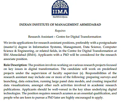 Research Assistant Recruitment 2026 at IIM Ahmedabad – Centre for Digital Transformation