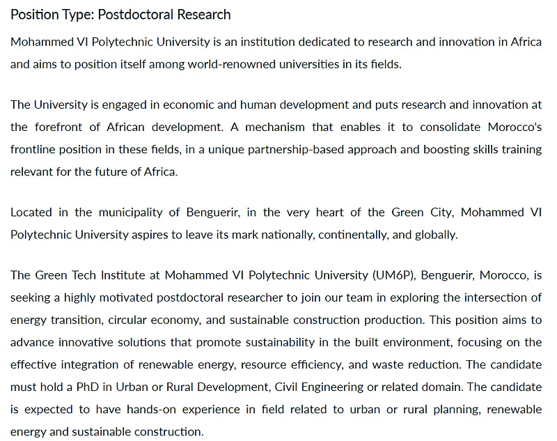 Mohammed VI Polytechnic University Postdoctoral Research Opportunity