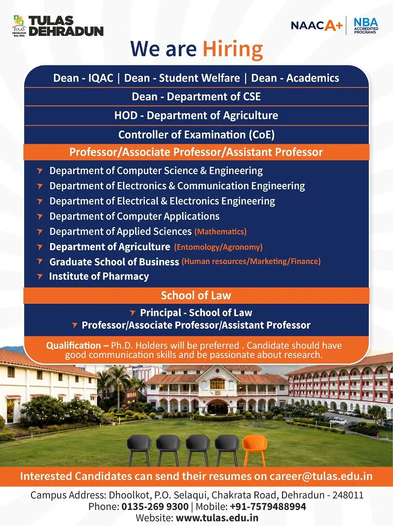 Tula's Institute Recruitment 2026: Faculty & Leadership Positions Across Multiple Departments