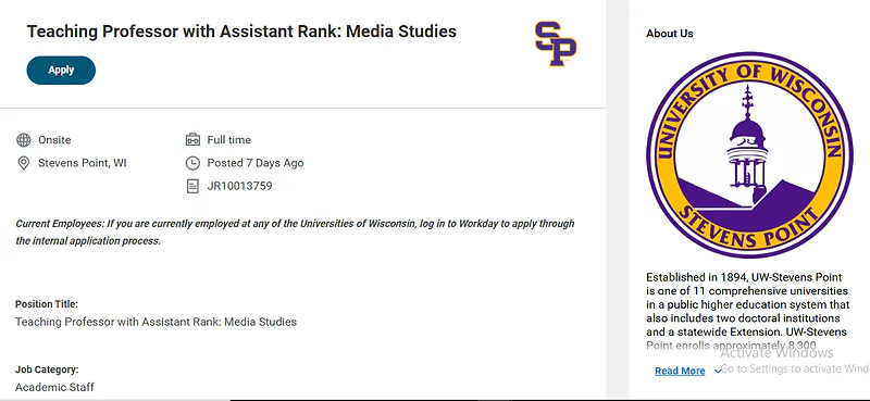 Teaching Professor with Assistant Rank (Media Studies) – University of Wisconsin–Stevens Point