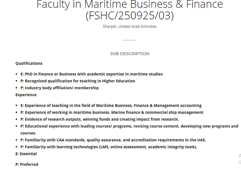  Faculty in Maritime Business & Finance – SMA, Sharjah