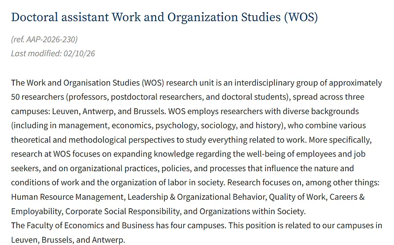 Doctor-Assistant in Work and Organisation Studies (WOS) – KU Leuven