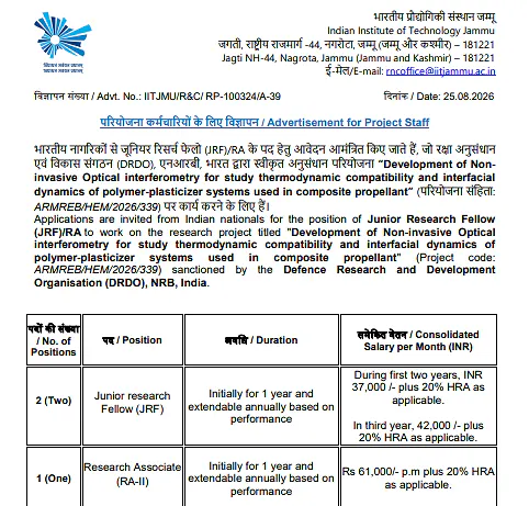 Junior Research Fellow & Research Associate Recruitment 2026 at IIT Jammu – DRDO Sponsored Research Project