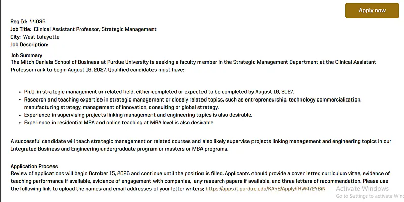 Clinical Assistant Professor, Strategic Management – Purdue University