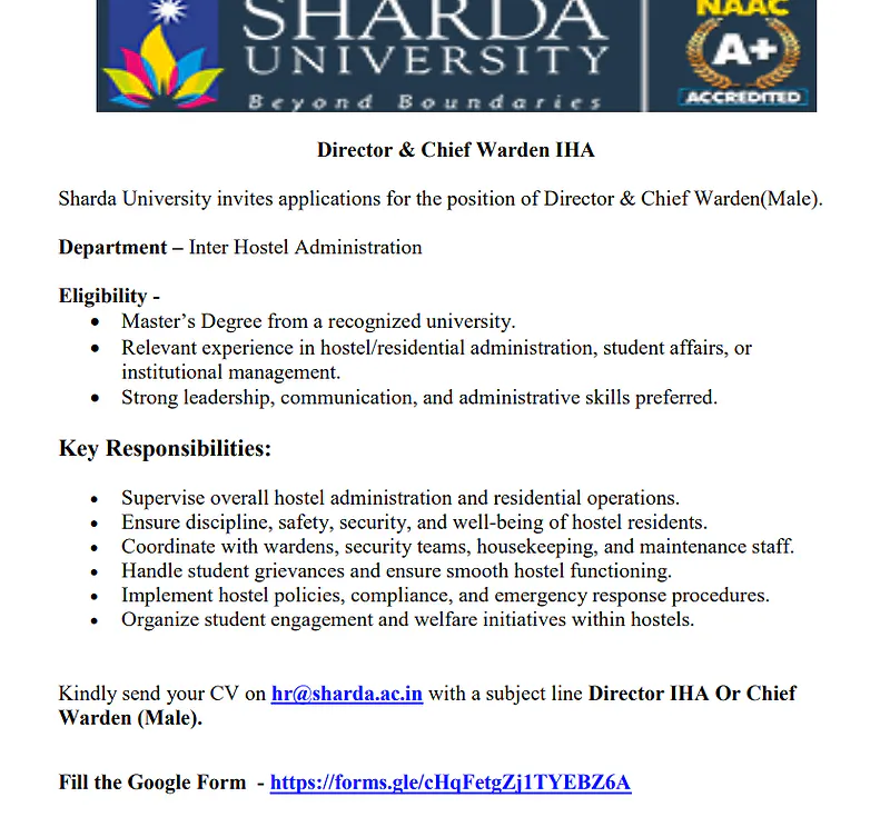Sharda University Recruitment 2026: Applications Invited for Director & Chief Warden 