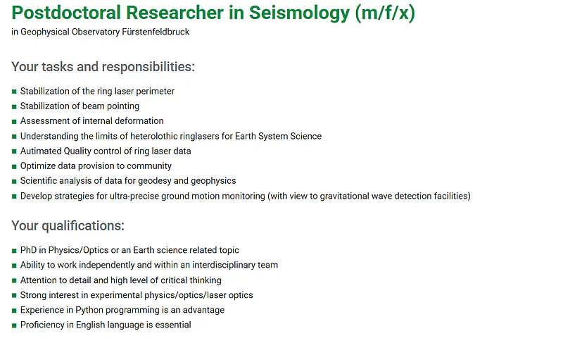 Postdoctoral Researcher in Seismology (m/f/x) at Geophysical Observatory Fürstenfeldbruck