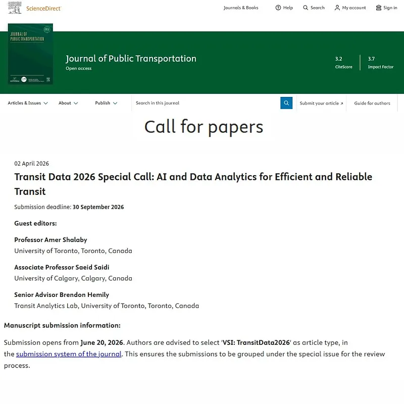 Transit Data 2026 Special Call: AI and Data Analytics for Efficient and Reliable Transit