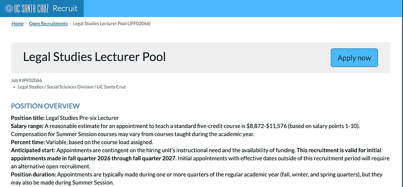 Legal Studies Lecturer Pool Opportunity – University of California, Santa Cruz