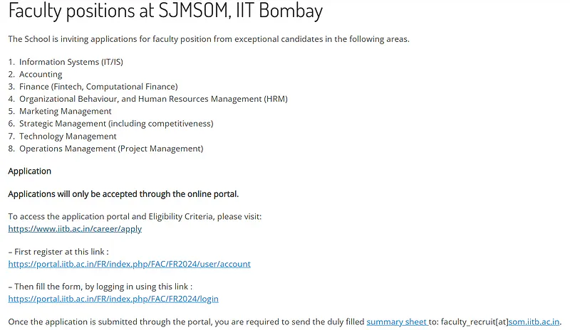 IIT Bombay Faculty Recruitment at SJMSOM