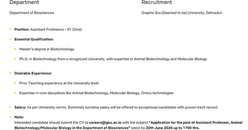 Assistant Professor Recruitment 2026 – Department of Biosciences, Graphic Era (Deemed to be University), Dehradun