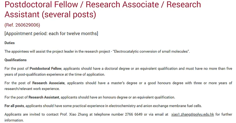 Hong Kong Polytechnic University Invites Applications for Multiple Research Positions in Electrocatalysis