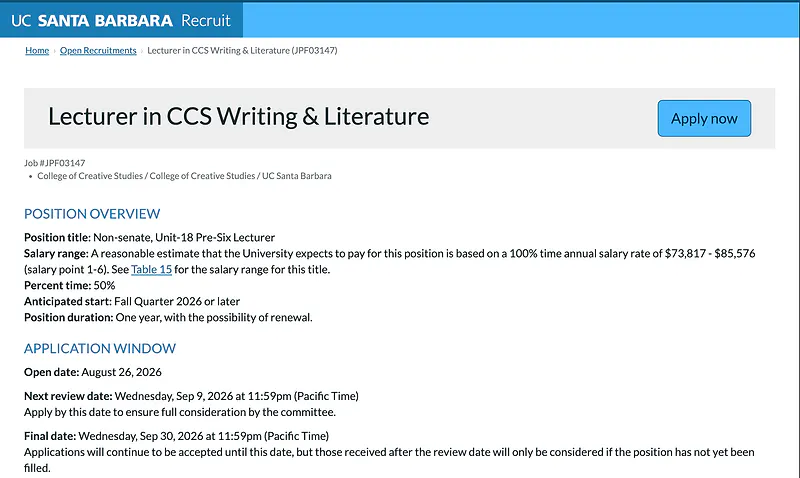 Lecturer in CCS Writing & Literature – University of California, Santa Barbara