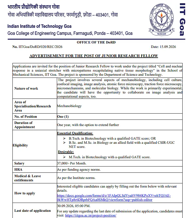 Junior Research Fellow (JRF) Recruitment 2026 at IIT Goa – DST Sponsored Mechanobiology Research Project