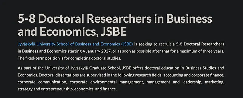 PhD Opportunity: 5–8 Doctoral Researchers in Business and Economics – University of Jyväskylä