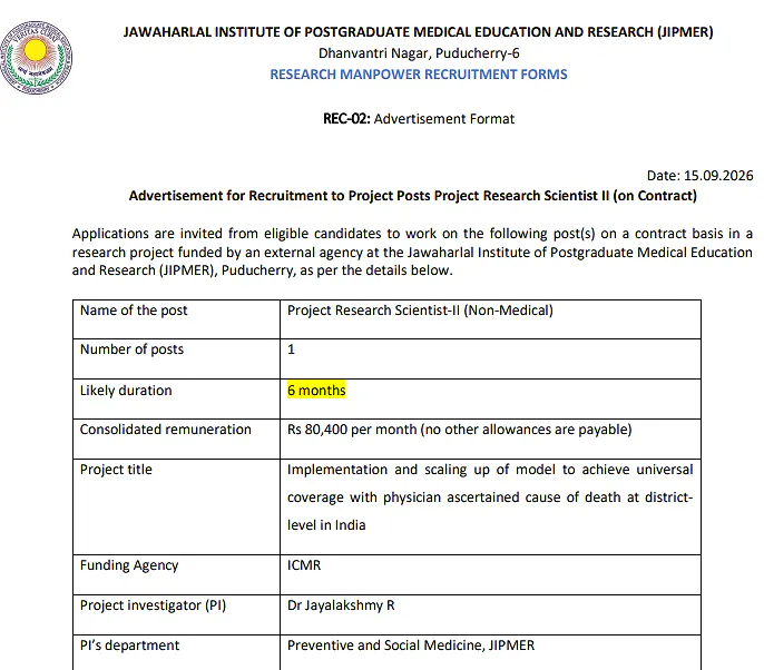 Project Research Scientist-II (Non-Medical) Recruitment 2026 – JIPMER Puducherry