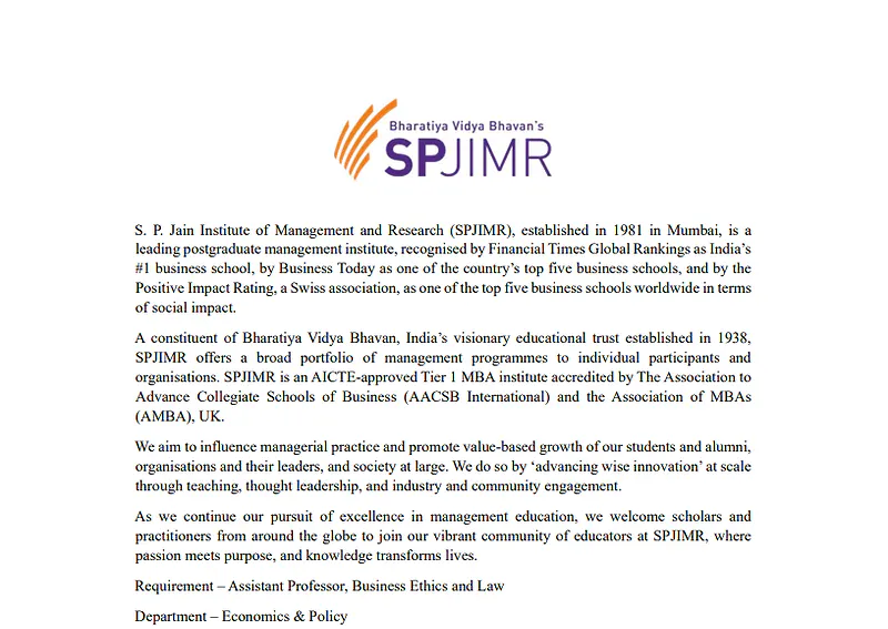 Assistant Professor (Business Ethics and Law) : S.P. Jain Institute of Management and Research (SPJIMR)