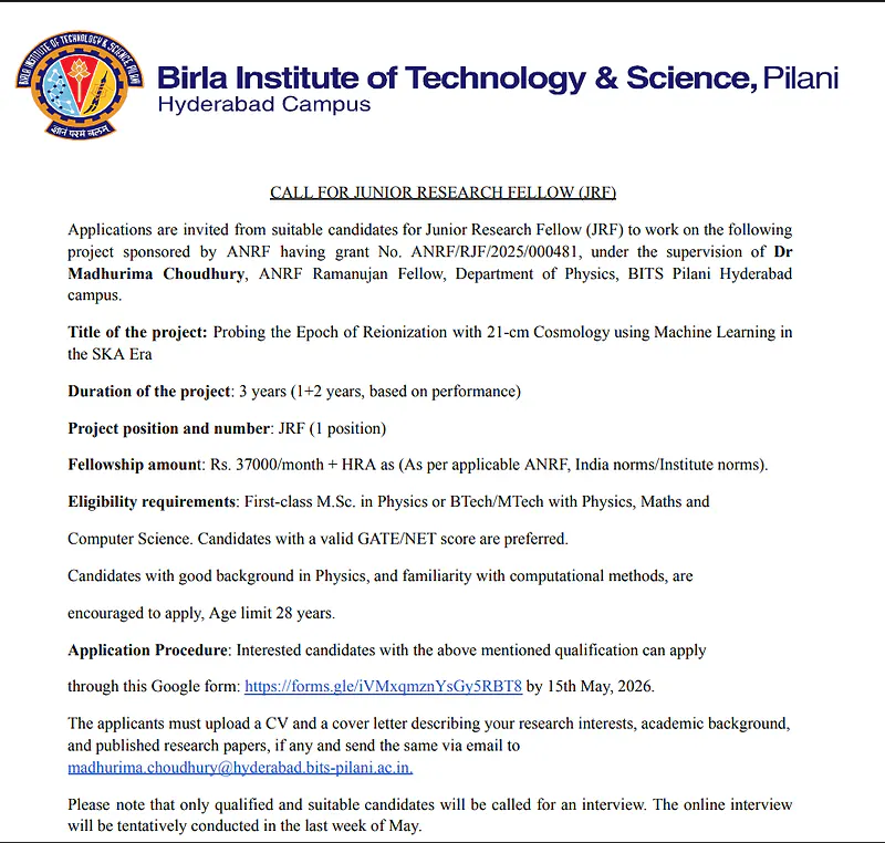 Junior Research Fellow (JRF) Recruitment 2026 – BITS Pilani Hyderabad