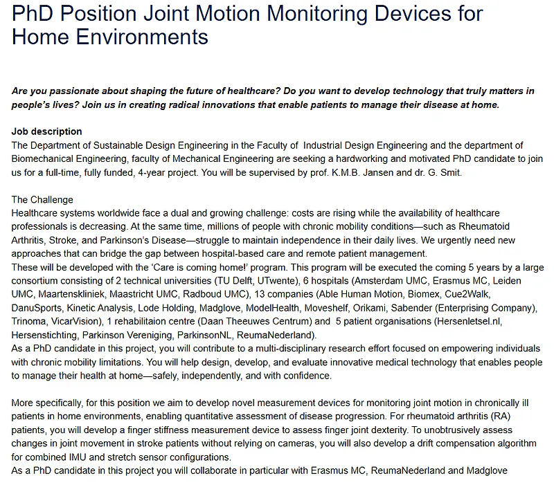 PhD Opportunity 2026 | Joint Motion Monitoring Devices for Home Environments at TU Delft